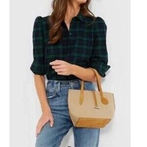 TUCKERNUCK Shirt Womens Small Green Black Plaid Saranac Holiday Button Up Cabin